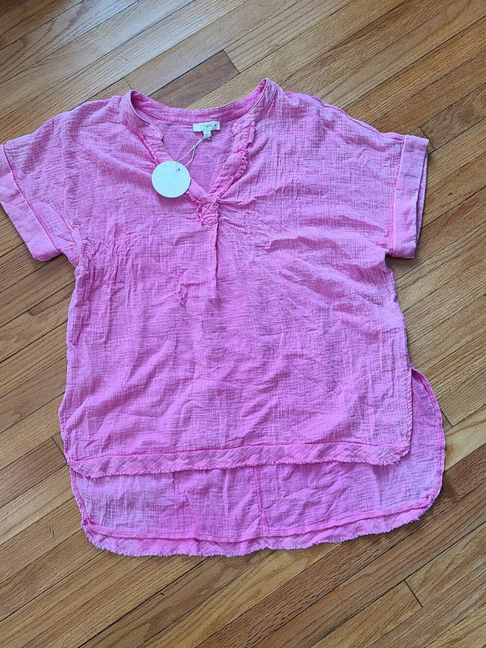 Umgee Barbie Pink Cotton Gauze Frayed Split V-Neck High Low Beach Top 1XL NWT